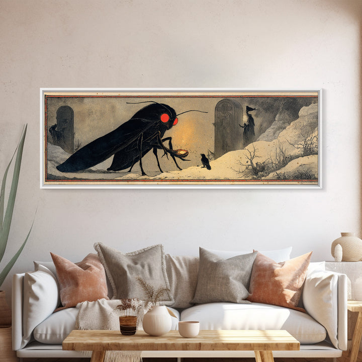 The Red-Eyed Moth Creature, Symbolist Death Art, Extra Wide Wall Art, Dark Fantasy Wall Art, Canvas Print, Halloween Wall Art