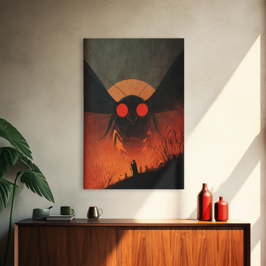 The Red-Eyed Moth Creature, Symbolist Etching Art, Vertical Wall Art, Dark Halloween Decor, Framed Canvas Print, Halloween Wall Art