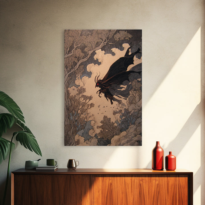 The Red-Eyed Moth Creature, Gothic Storybook Art, Vertical Wall Art, Macabre Wall Art, Canvas Print, Halloween Wall Art