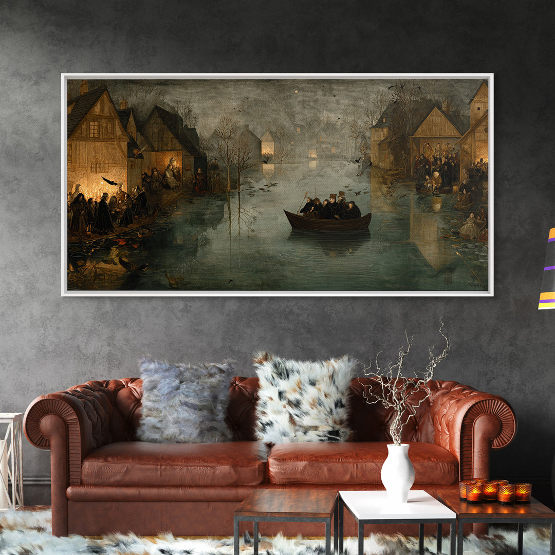 The Lake Phantom, Northern Renaissance Horror, Wide Panoramic Art, Dark Fantasy Wall Art, Framed Canvas Print, Halloween Wall Art