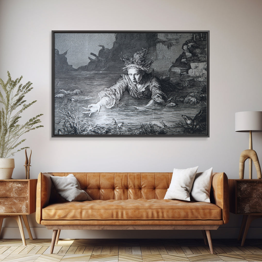 The Lake Phantom, Renaissance Engraving Art, Landscape Wall Art, Macabre Wall Art, Canvas Print, Halloween Wall Art, Halloween Decor