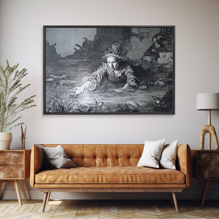 The Lake Phantom, Renaissance Engraving Art, Landscape Wall Art, Macabre Wall Art, Canvas Print, Halloween Wall Art, Halloween Decor