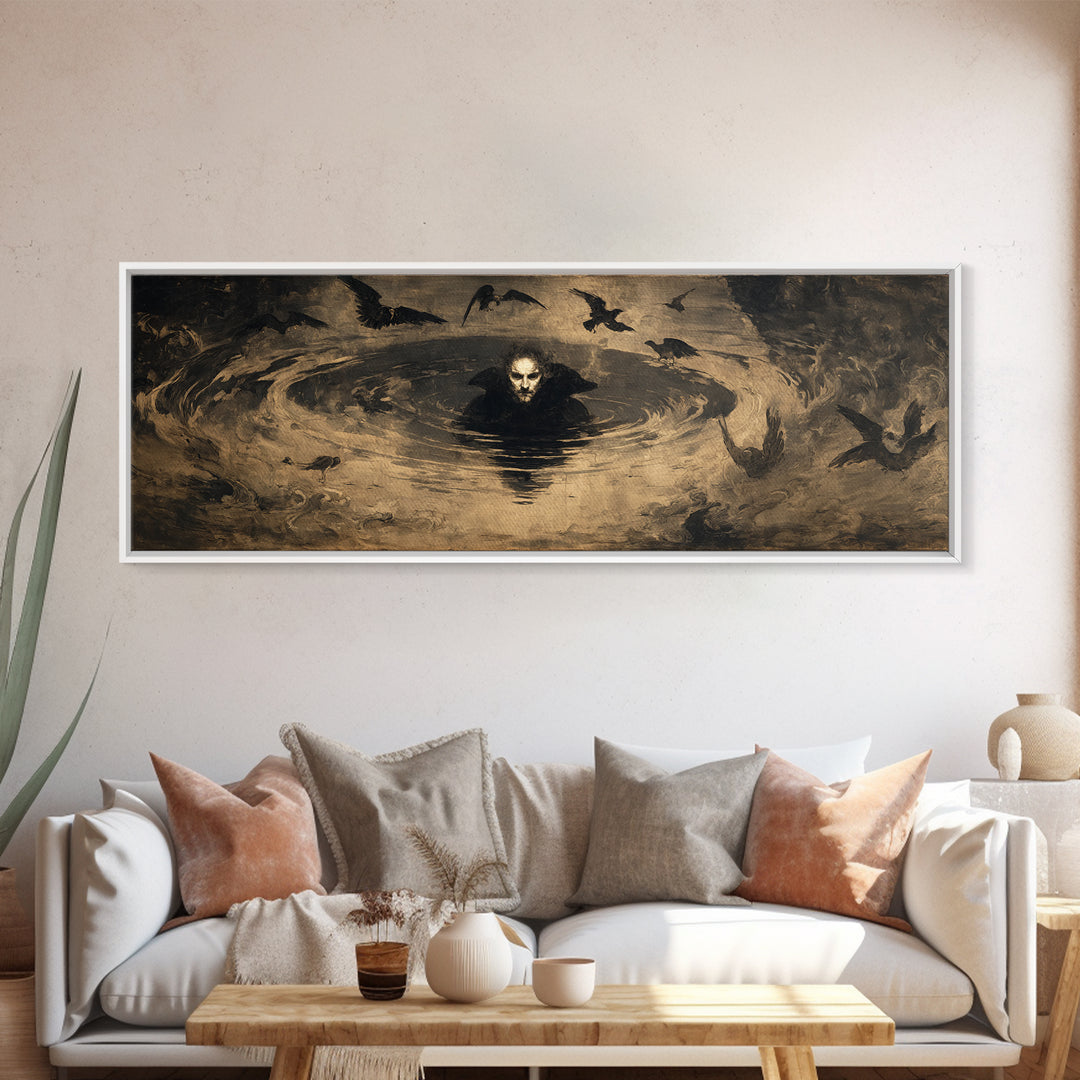The Lake Phantom, Dark Romantic Horror Art, Extra Wide Wall Art, Macabre Wall Art, Framed Canvas Print, Halloween Wall Art
