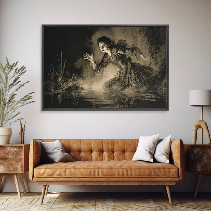 The Lake Phantom, Decadent Gothic Art, Landscape Wall Art, Dark Halloween Decor, Framed Canvas Print, Halloween Wall Art