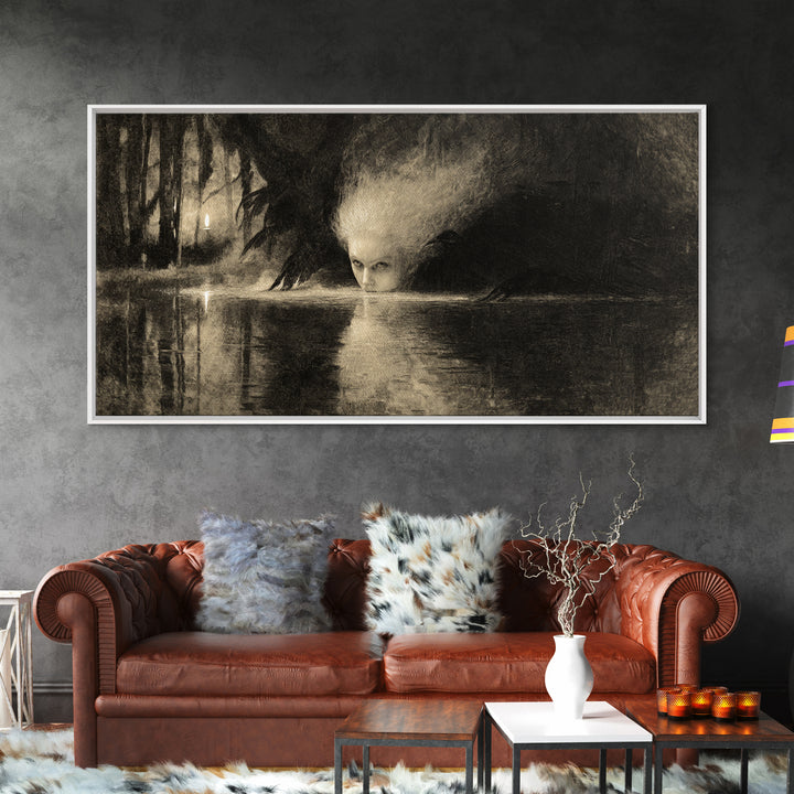 The Lake Phantom, Expressionist Nightmare Art, Wide Panoramic Art, Macabre Wall Art, Canvas Print, Halloween Wall Art, Halloween Decor