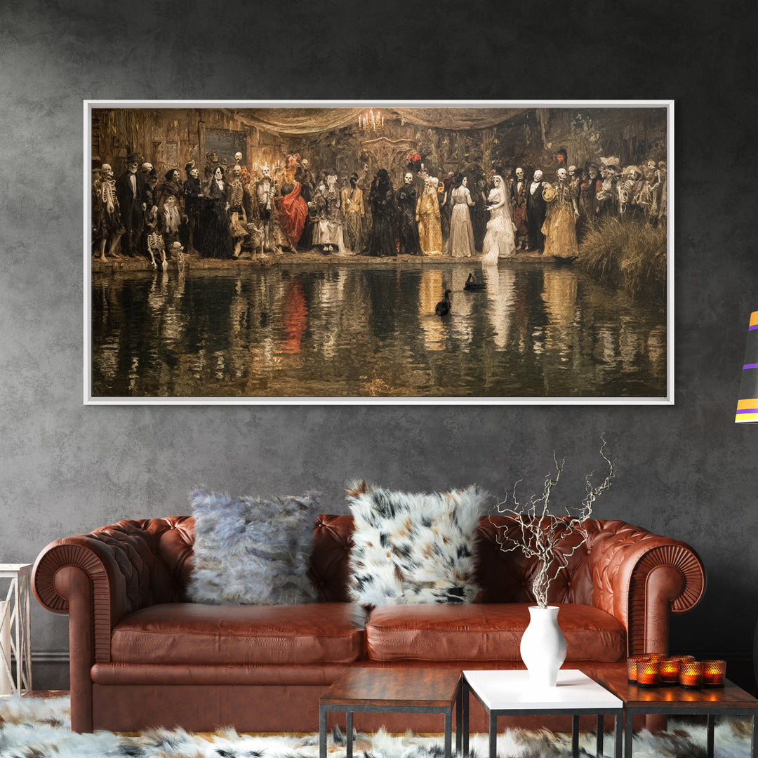 The Lake Phantom, Grotesque Carnival Art, Wide Panoramic Art, Dark Halloween Decor, Framed Canvas Print, Halloween Wall Art
