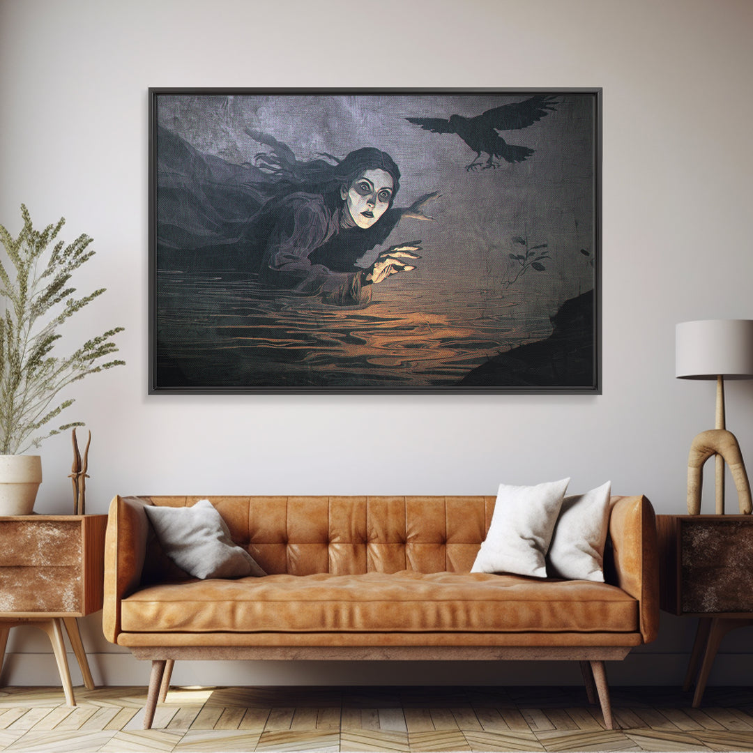 The Lake Phantom, Expressionist Gothic Art, Landscape Wall Art, Macabre Wall Art, Framed Canvas Print, Halloween Wall Art, Horror Wall Art