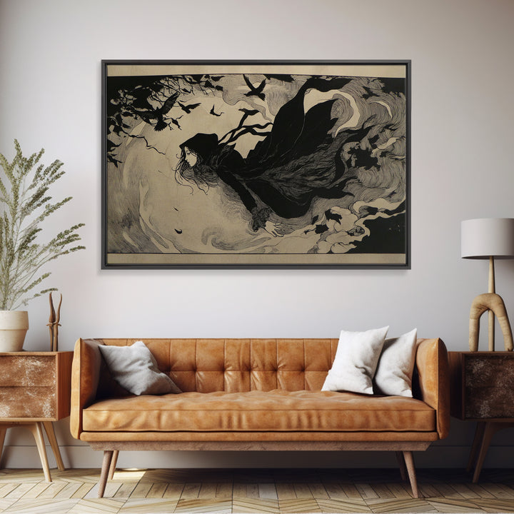 The Lake Phantom, Decadent Line Art, Landscape Wall Art, Dark Halloween Decor, Framed Canvas Print, Halloween Wall Art
