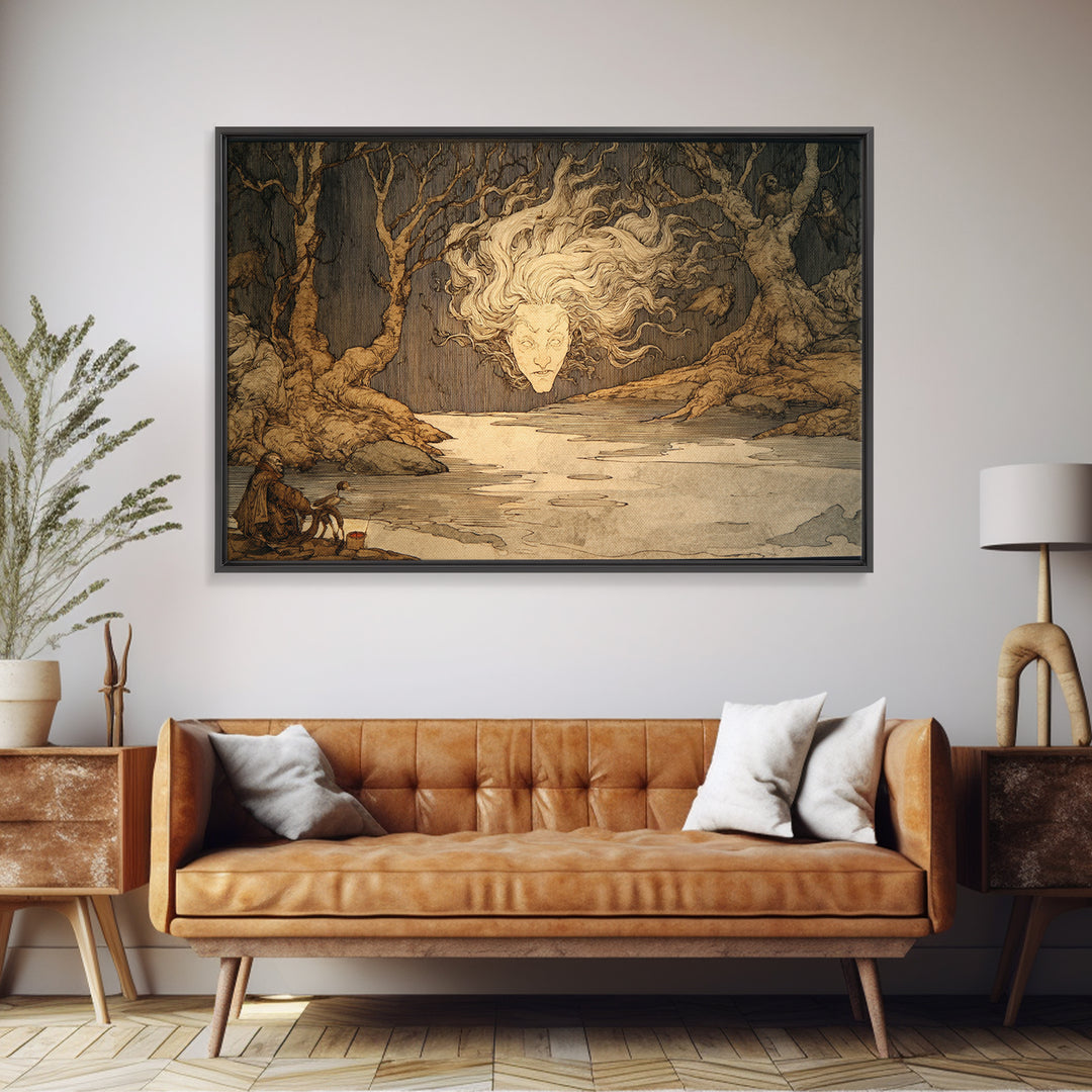 The Lake Phantom, Gothic Storybook Art, Landscape Wall Art, Dark Halloween Decor, Framed Canvas Print, Halloween Wall Art