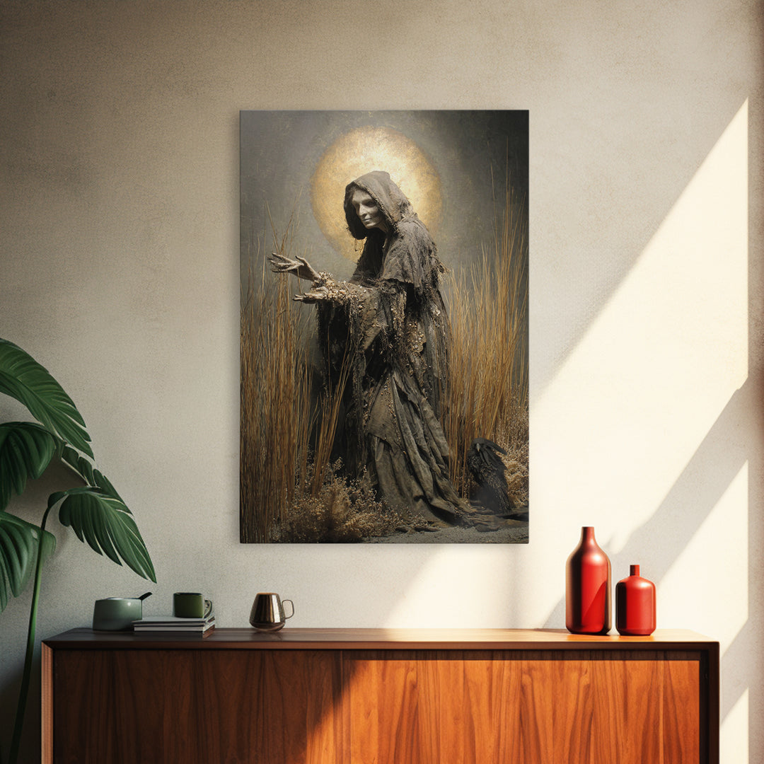 The Salt-Marsh Witch, Dark Renaissance Art, Vertical Wall Art, Dark Fantasy Wall Art, Canvas Print, Halloween Wall Art
