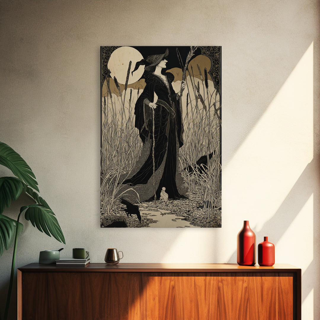 The Salt-Marsh Witch, Decadent Line Art, Vertical Wall Art, Dark Halloween Decor, Framed Canvas Print, Halloween Wall Art