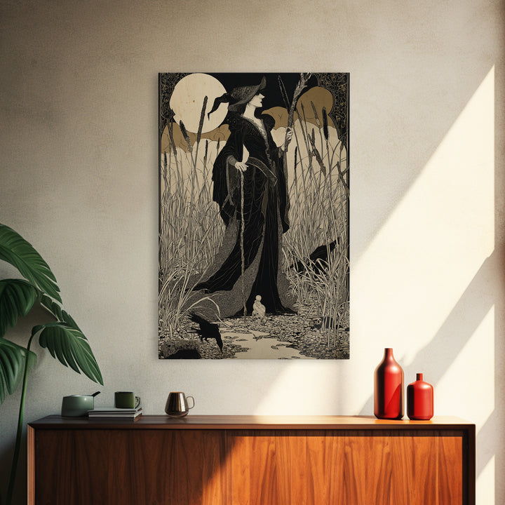 The Salt-Marsh Witch, Decadent Line Art, Vertical Wall Art, Dark Halloween Decor, Framed Canvas Print, Halloween Wall Art