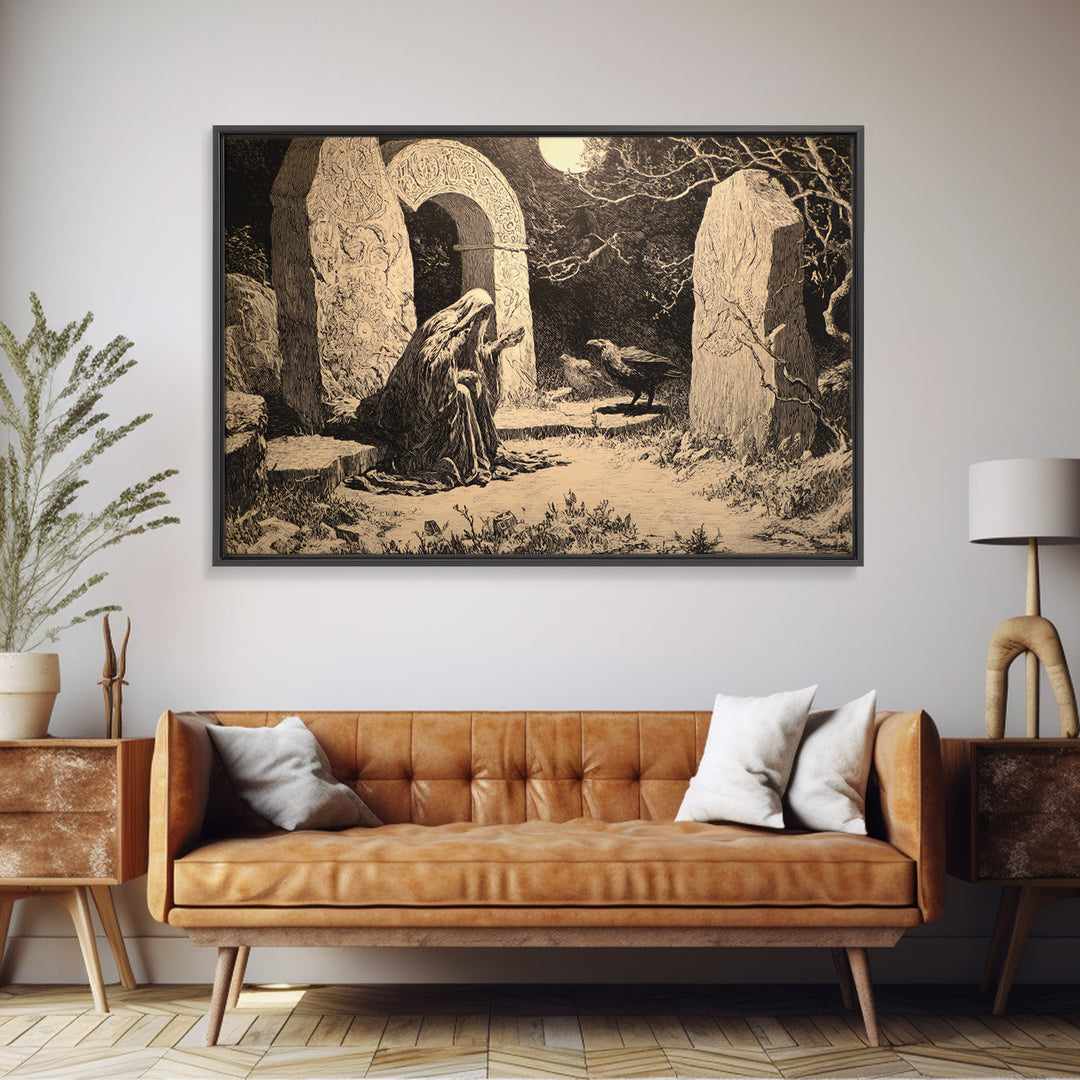 The Stone-Circle Spirit, Symbolist Etching Art, Landscape Wall Art, Macabre Wall Art, Canvas Print, Halloween Wall Art, Gothic Home Decor