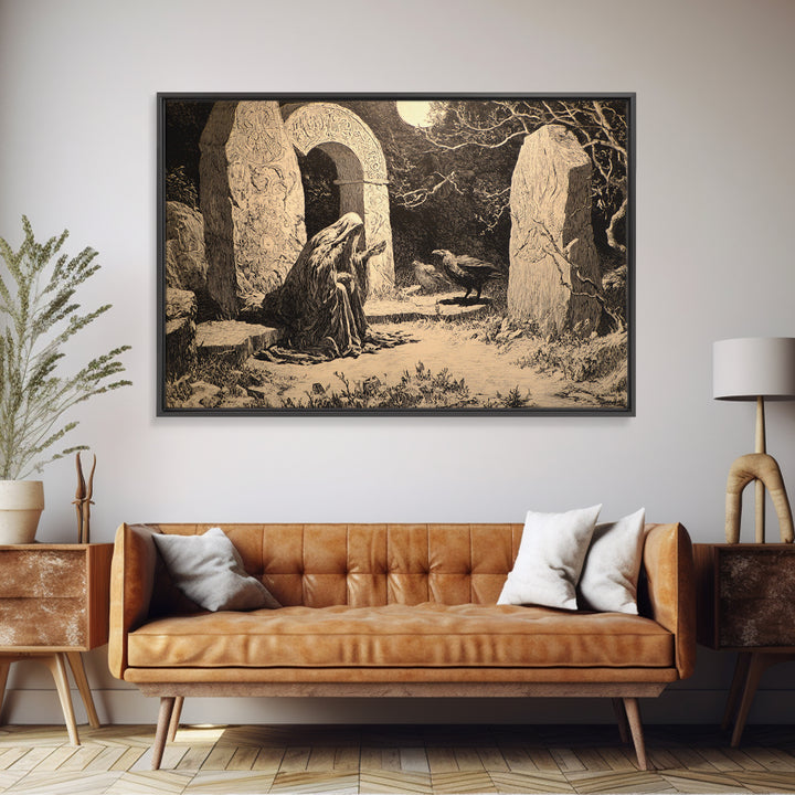 The Stone-Circle Spirit, Symbolist Etching Art, Landscape Wall Art, Macabre Wall Art, Canvas Print, Halloween Wall Art, Gothic Home Decor