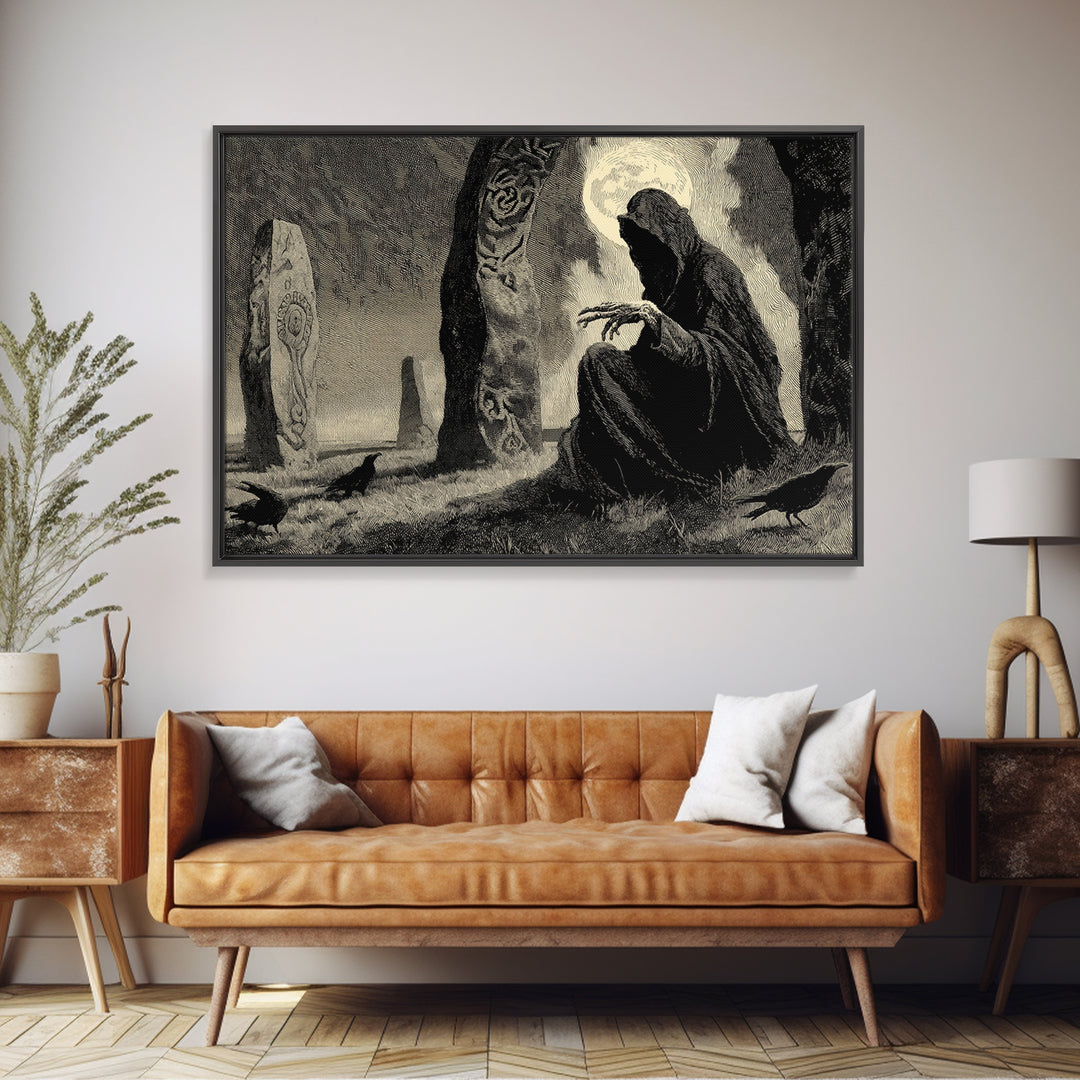 The Stone-Circle Spirit, Expressionist Nightmare Art, Landscape Wall Art, Macabre Wall Art, Framed Canvas Print, Halloween Wall Art