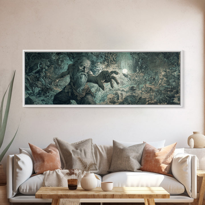 The Cave Oracle, Medieval Grotesque Art, Extra Wide Wall Art, Dark Halloween Decor, Framed Canvas Print, Halloween Wall Art
