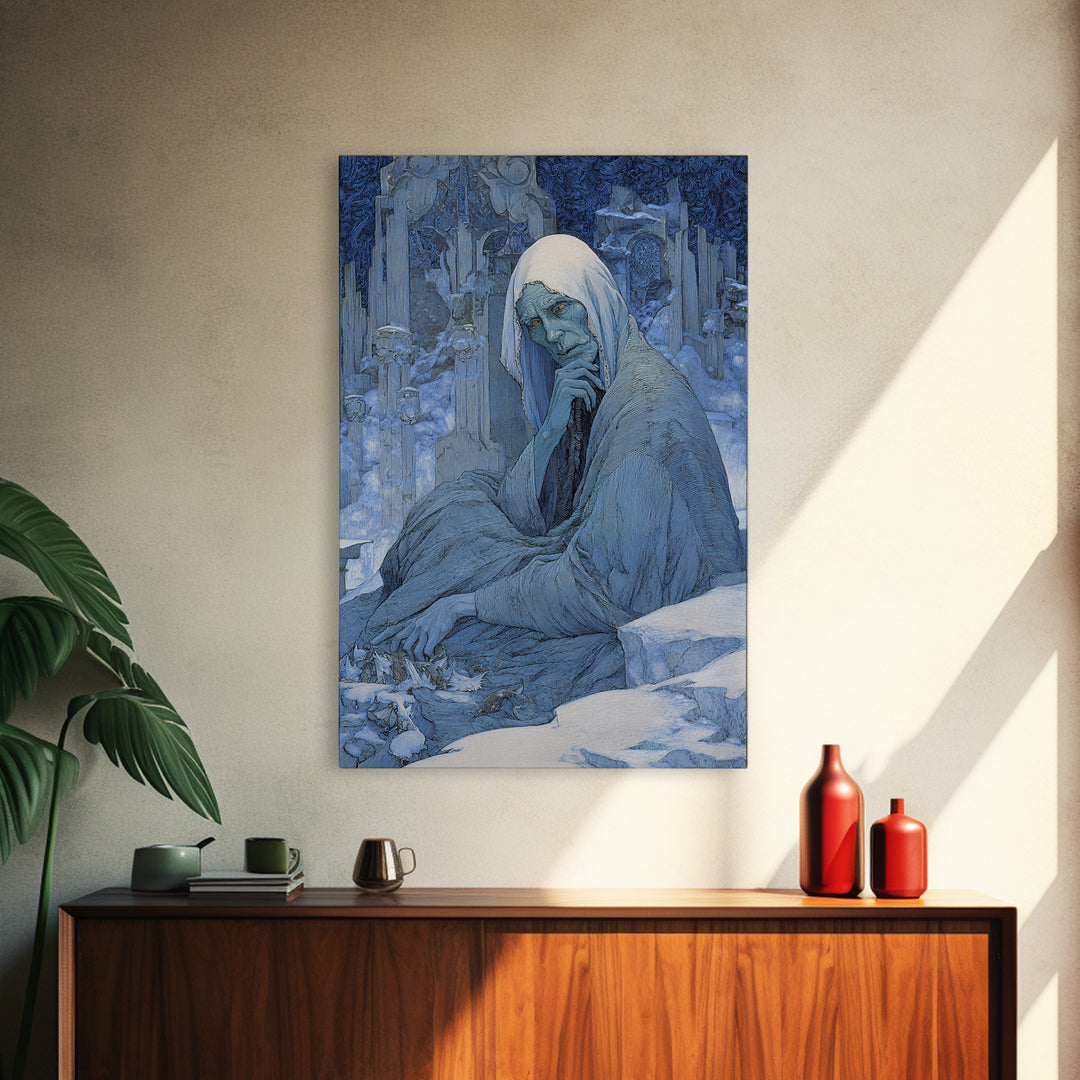 The Cave Oracle, Symbolist Death Art, Vertical Wall Art, Dark Fantasy Wall Art, Framed Canvas Print, Halloween Wall Art