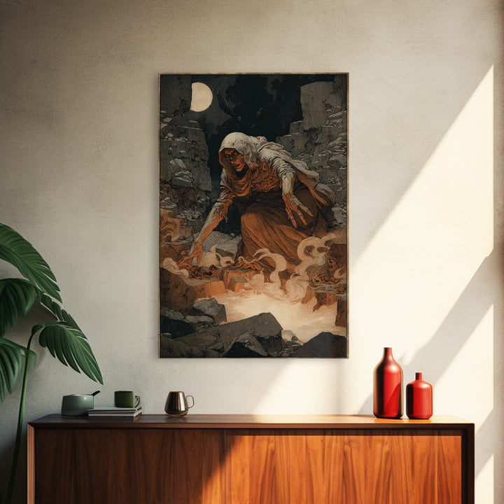 The Cave Oracle, Symbolist Etching Art, Vertical Wall Art, Dark Halloween Decor, Framed Canvas Print, Halloween Wall Art