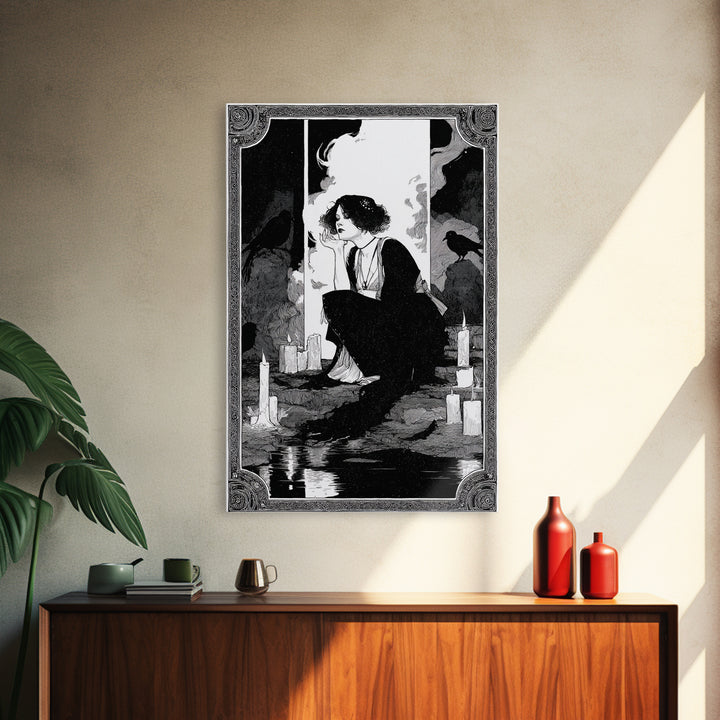 The Cave Oracle, Decadent Line Art, Vertical Wall Art, Gothic Horror Wall Art, Canvas Print, Halloween Wall Art
