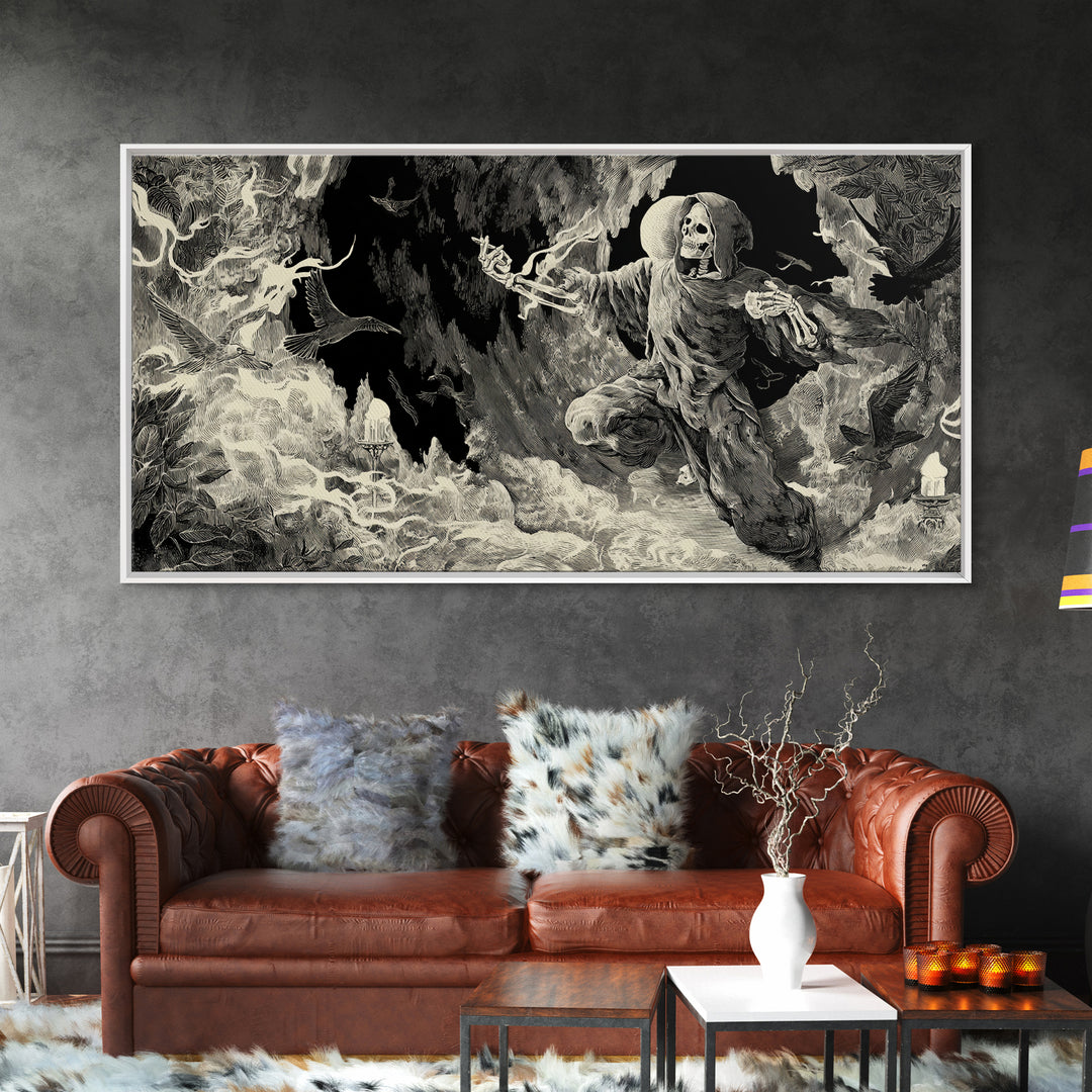 The Cave Oracle, Macabre Folk Print Art, Wide Panoramic Art, Dark Fantasy Wall Art, Framed Canvas Print, Halloween Wall Art