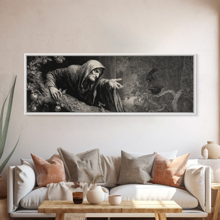 The Orchard Hag, Gothic Engraving Art, Extra Wide Wall Art, Gothic Horror Wall Art, Framed Canvas Print, Halloween Wall Art