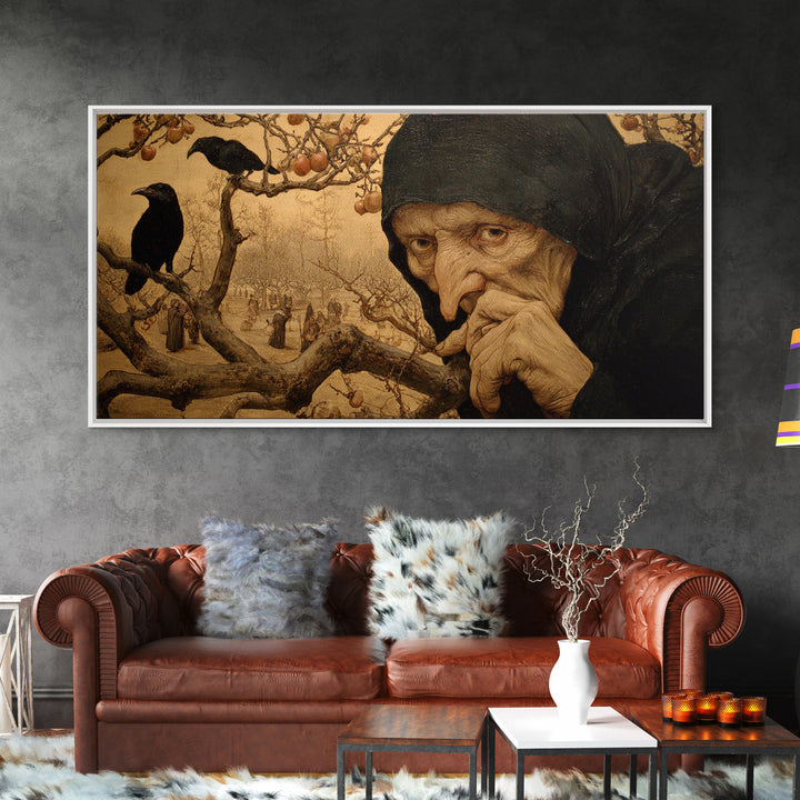 The Orchard Hag, Northern Renaissance Horror, Wide Panoramic Art, Macabre Wall Art, Canvas Print, Halloween Wall Art