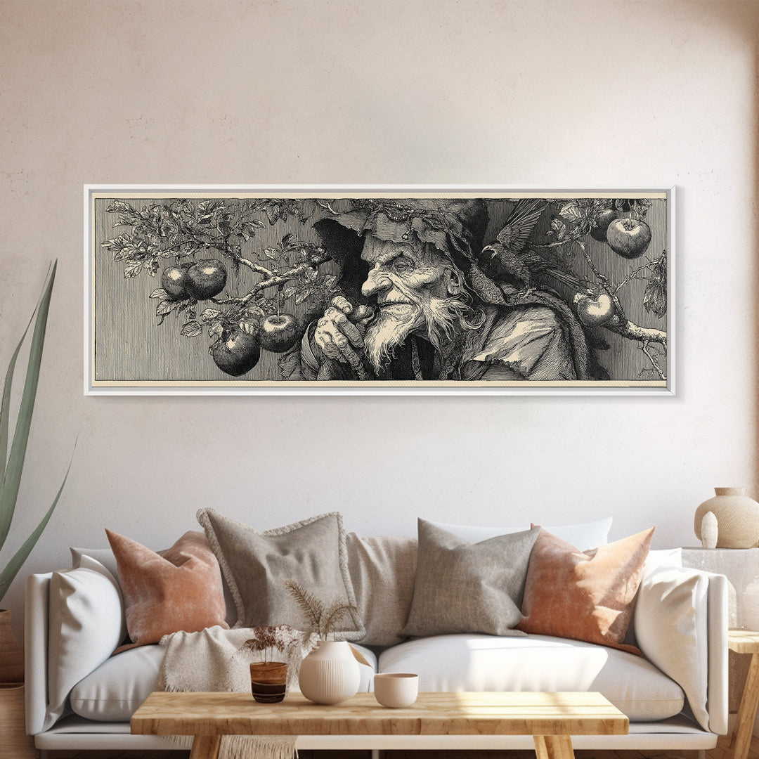The Orchard Hag, Renaissance Engraving Art, Extra Wide Wall Art, Macabre Wall Art, Canvas Print, Halloween Wall Art, Dark Fantasy Art