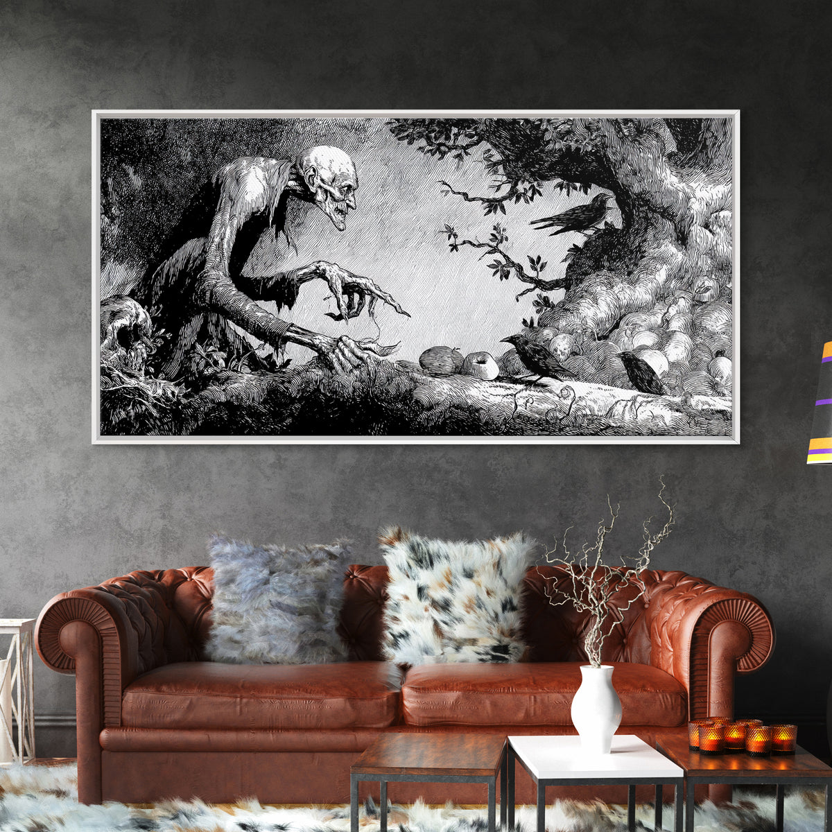 The Orchard Hag, Expressionist Nightmare Art, Wide Panoramic Art, Dark Halloween Decor, Canvas Print, Halloween Wall Art