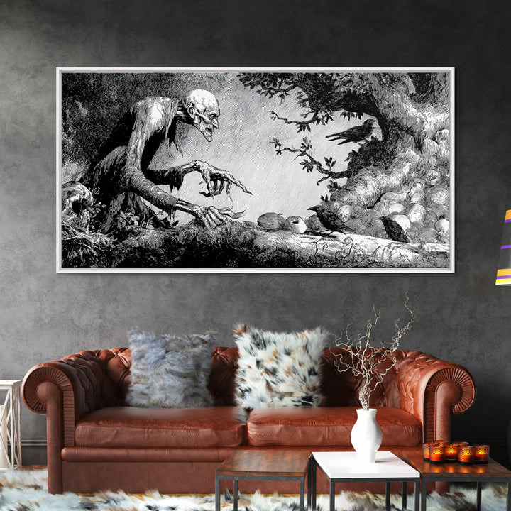 The Orchard Hag, Expressionist Nightmare Art, Wide Panoramic Art, Dark Halloween Decor, Canvas Print, Halloween Wall Art