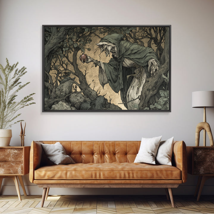 The Orchard Hag, Gothic Storybook Art, Landscape Wall Art, Dark Halloween Decor, Framed Canvas Print, Halloween Wall Art