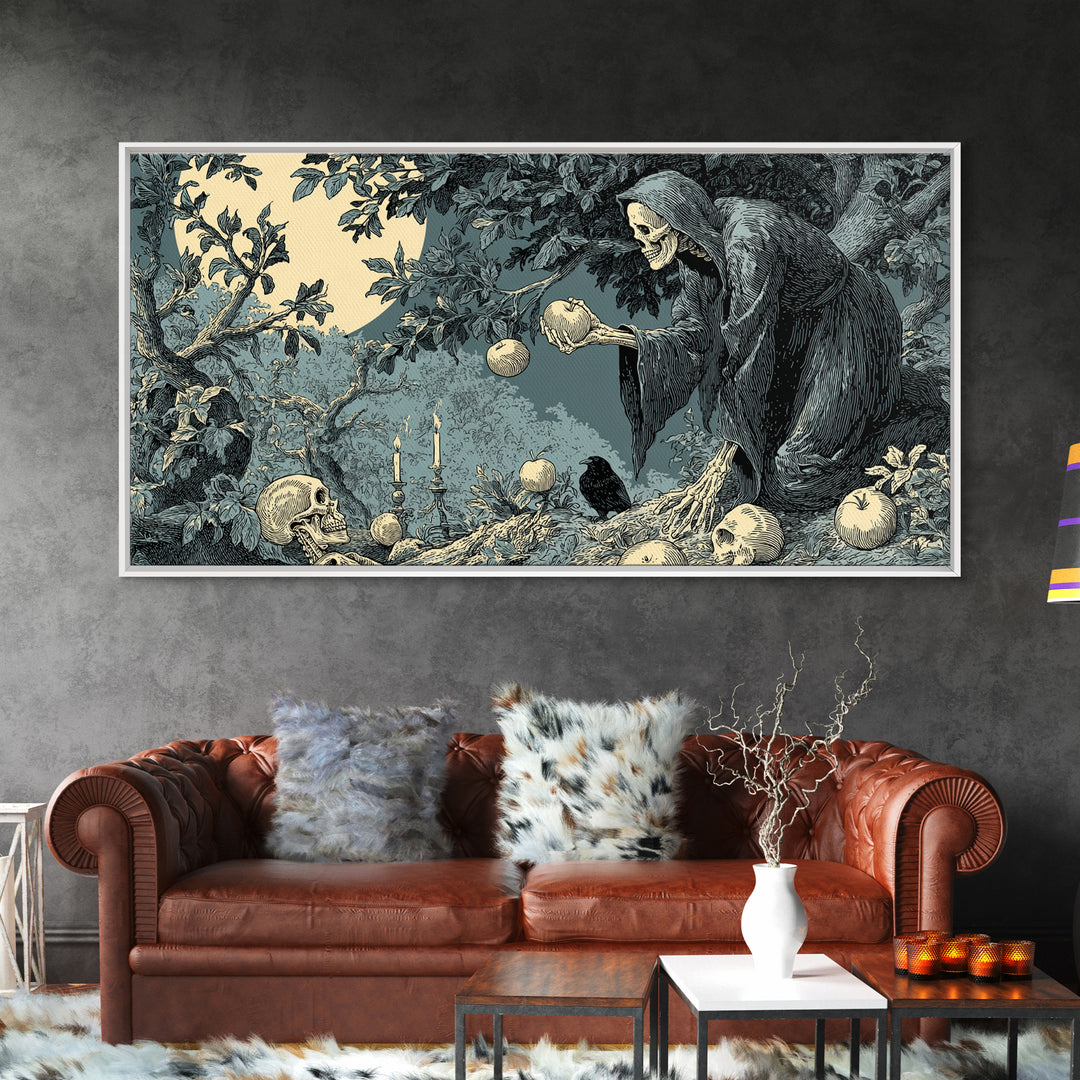 The Orchard Hag, Macabre Folk Print Art, Wide Panoramic Art, Macabre Wall Art, Canvas Print, Halloween Wall Art