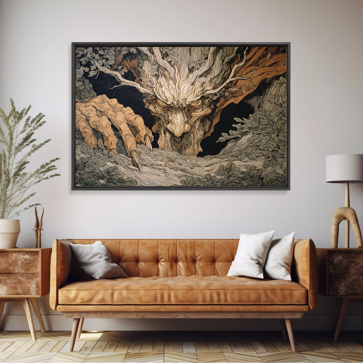 The Hollow-Tree Monster, Gothic Storybook Art, Landscape Wall Art, Dark Halloween Decor, Framed Canvas Print, Halloween Wall Art