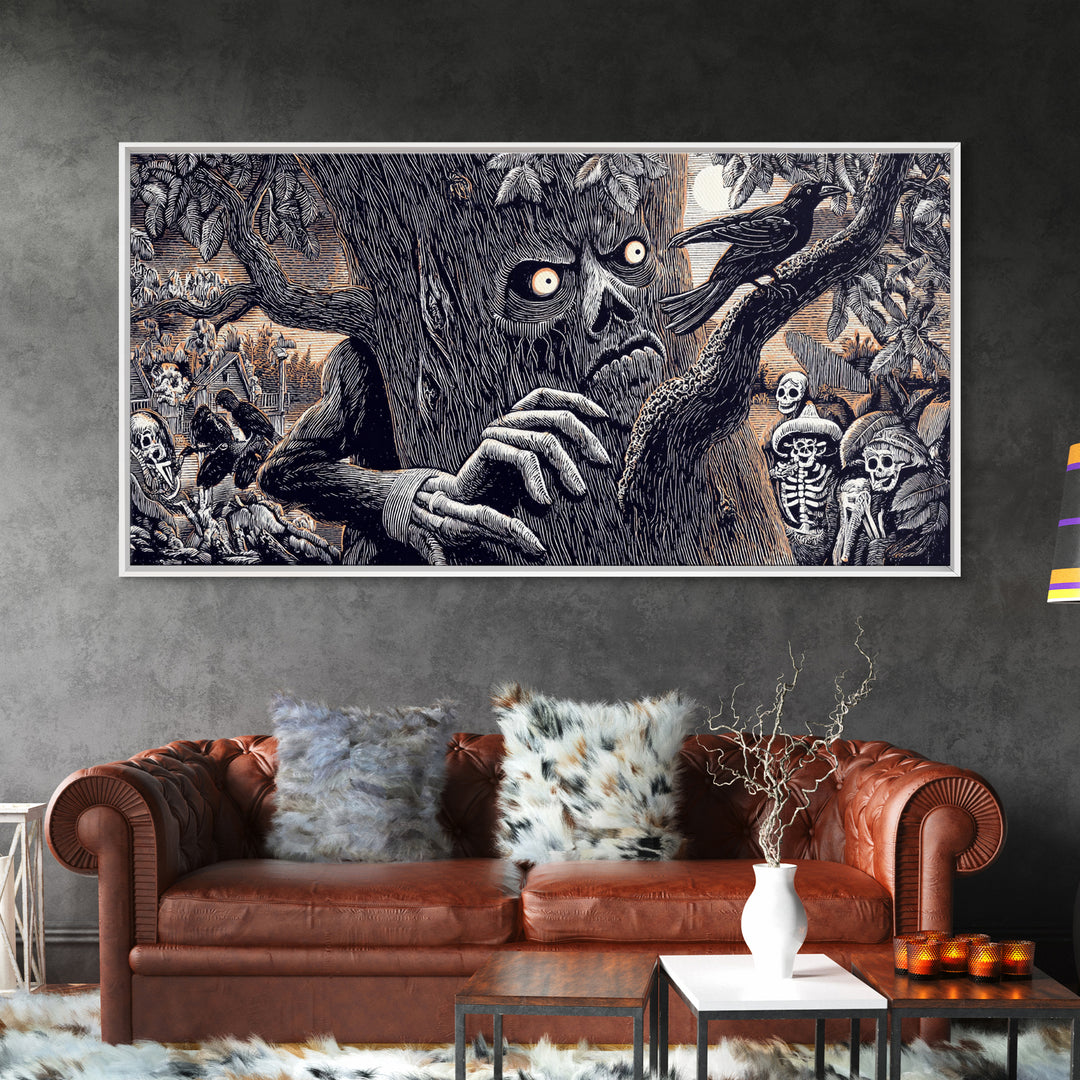 The Hollow-Tree Monster, Macabre Folk Print Art, Wide Panoramic Art, Macabre Wall Art, Framed Canvas Print, Halloween Wall Art