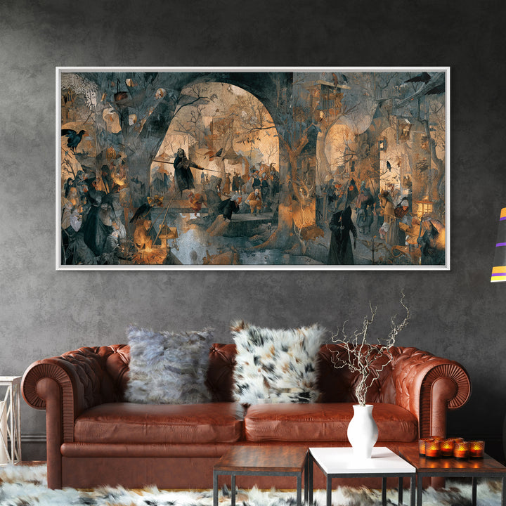 The Crossroads Spirit, Northern Renaissance Horror, Wide Panoramic Art, Macabre Wall Art, Framed Canvas Print, Halloween Wall Art