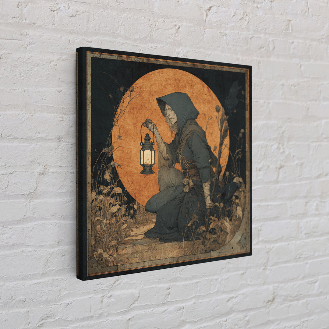 The Crossroads Spirit, Symbolist Etching Art, Square Wall Art, Dark Fantasy Wall Art, Framed Canvas Print, Halloween Wall Art