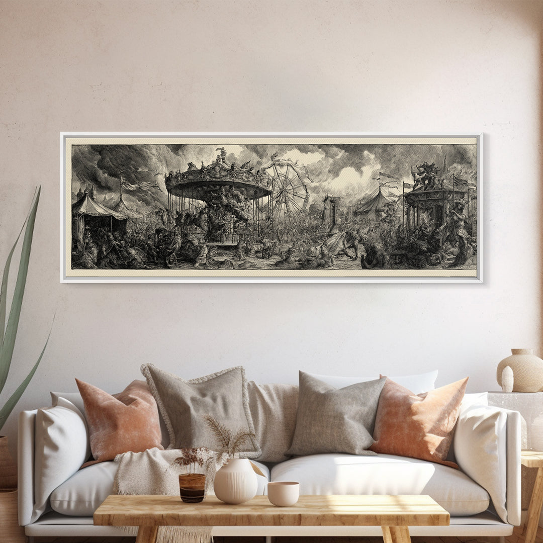 The Abandoned Carnival, Renaissance Engraving Art, Extra Wide Wall Art, Dark Fantasy Wall Art, Canvas Print, Halloween Wall Art