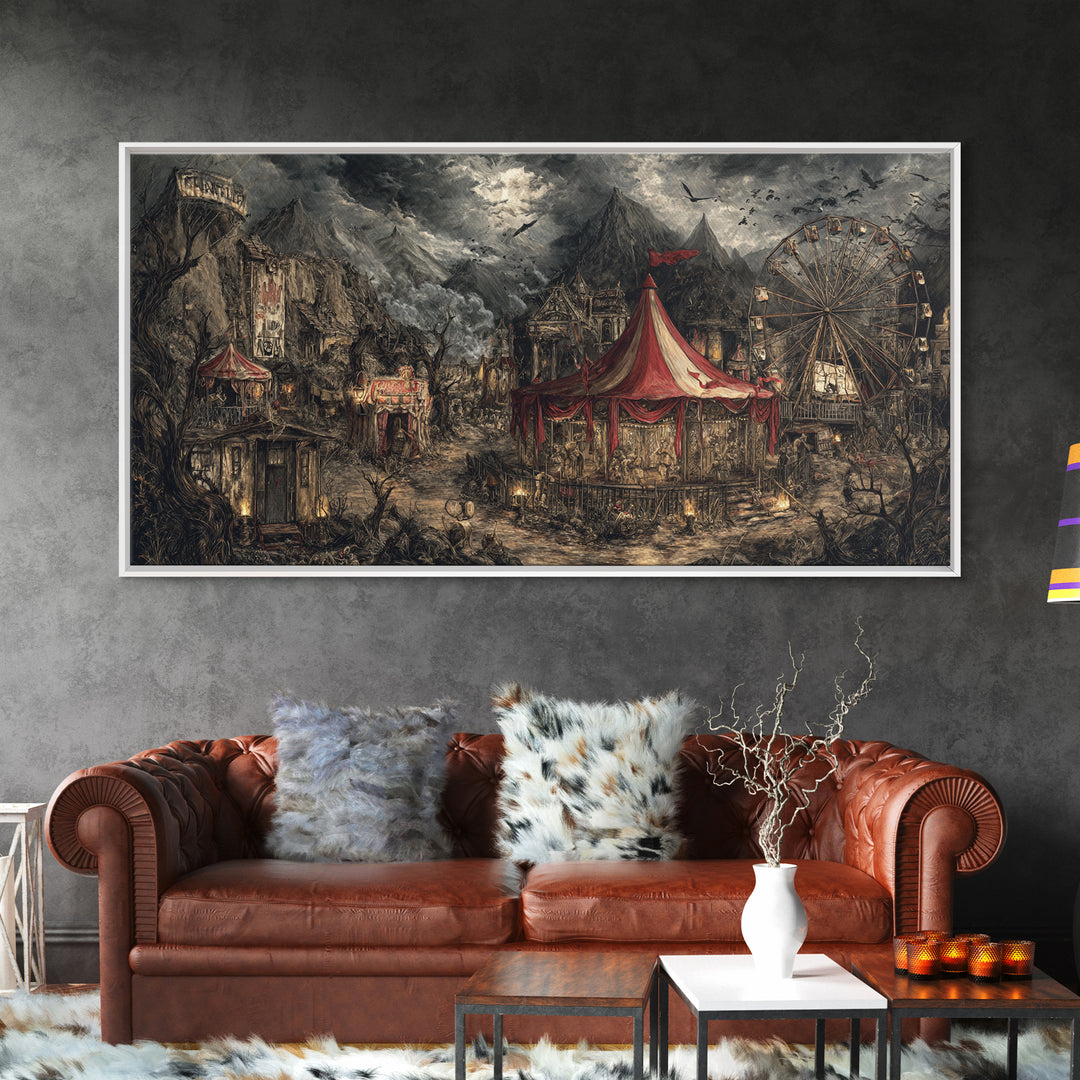 The Abandoned Carnival, Baroque Witchcraft Art, Wide Panoramic Art, Dark Fantasy Wall Art, Framed Canvas Print, Halloween Wall Art