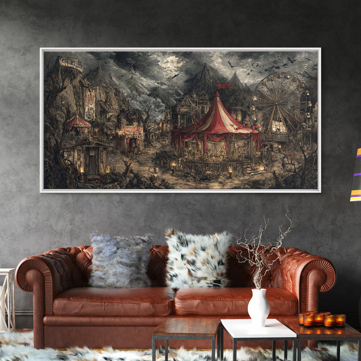 The Abandoned Carnival, Baroque Witchcraft Art, Wide Panoramic Art, Dark Fantasy Wall Art, Framed Canvas Print, Halloween Wall Art