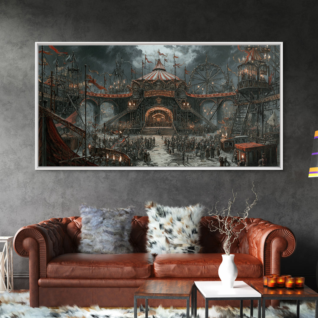 The Abandoned Carnival, Architectural Etching Art, Wide Panoramic Art, Macabre Wall Art, Framed Canvas Print