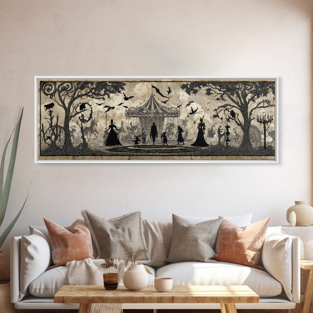 The Abandoned Carnival, Decadent Line Art, Extra Wide Wall Art, Dark Fantasy Wall Art, Framed Canvas Print, Halloween Wall Art