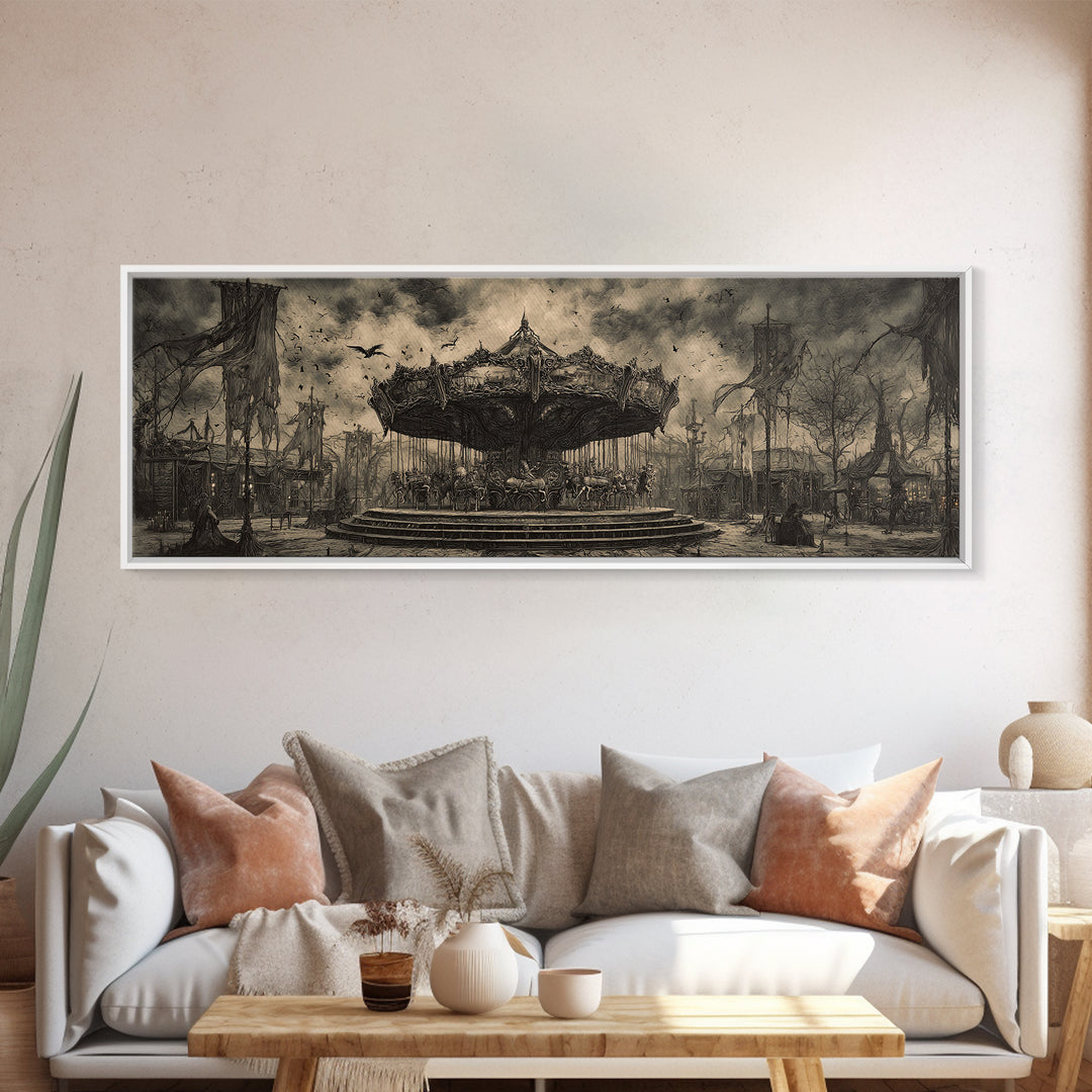 The Abandoned Carnival, Biomechanical Horror Art, Extra Wide Wall Art, Dark Halloween Decor, Framed Canvas Print, Halloween Wall Art