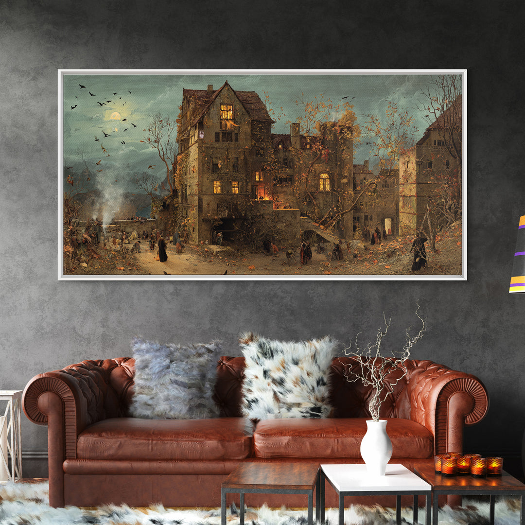 The Haunted Manor, Northern Renaissance Horror, Wide Panoramic Art, Dark Halloween Decor, Canvas Print, Halloween Wall Art