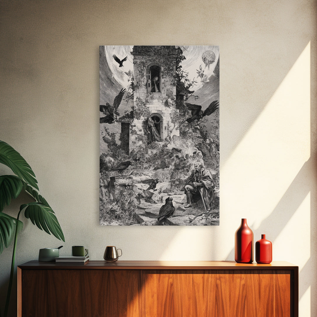 The Haunted Manor, Renaissance Engraving Art, Vertical Wall Art, Macabre Wall Art, Canvas Print, Halloween Wall Art, Spooky Wall Decor