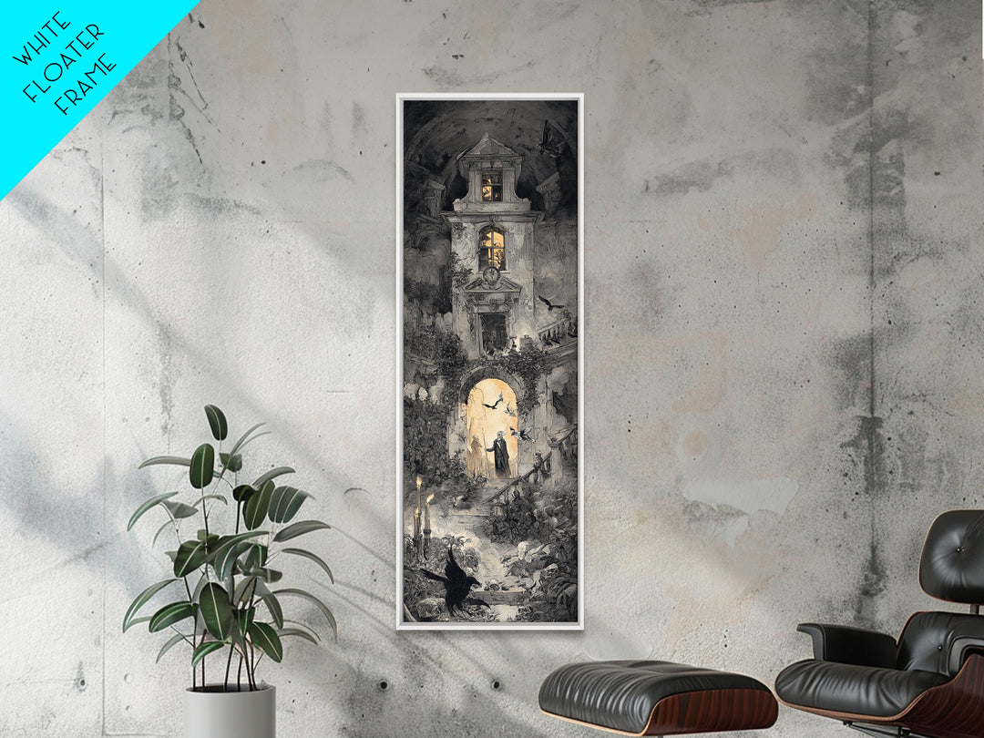 The Haunted Manor, Architectural Etching Art, Tall Narrow Wall Art, Dark Fantasy Wall Art, Canvas Print, Halloween Wall Art