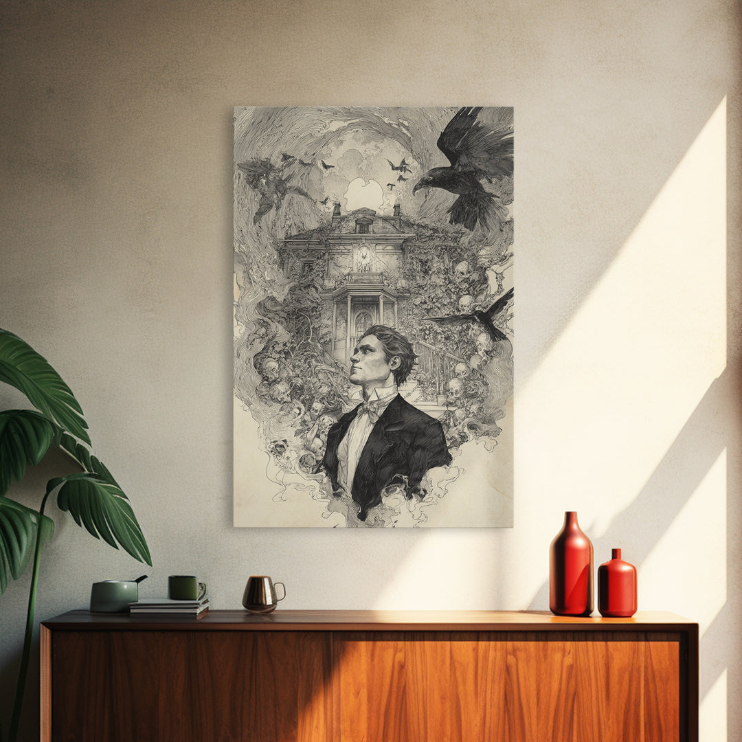 The Haunted Manor, Decadent Gothic Art, Vertical Wall Art, Macabre Wall Art, Framed Canvas Print, Halloween Wall Art
