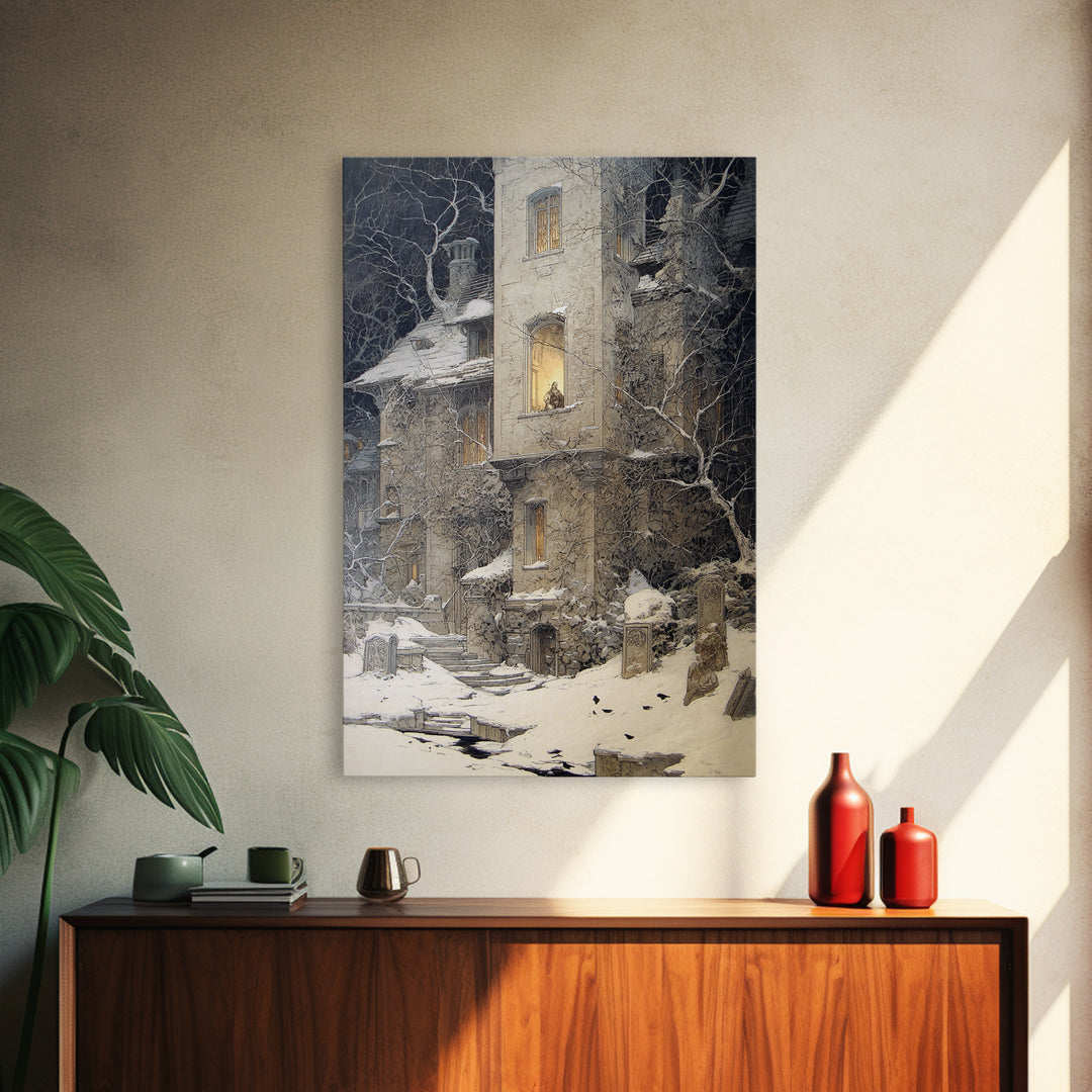 The Haunted Manor, Symbolist Death Art, Vertical Wall Art, Dark Fantasy Wall Art, Canvas Print, Halloween Wall Art