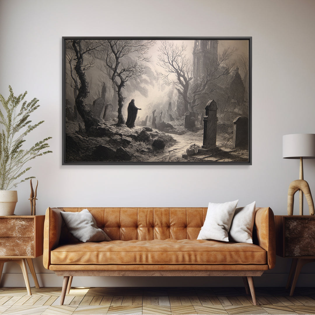 The Moonlit Cemetery, Gothic Engraving Art, Landscape Wall Art, Gothic Horror Wall Art, Canvas Print, Halloween Wall Art