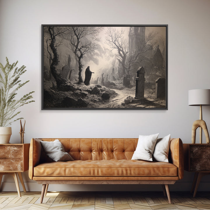 The Moonlit Cemetery, Gothic Engraving Art, Landscape Wall Art, Gothic Horror Wall Art, Canvas Print, Halloween Wall Art