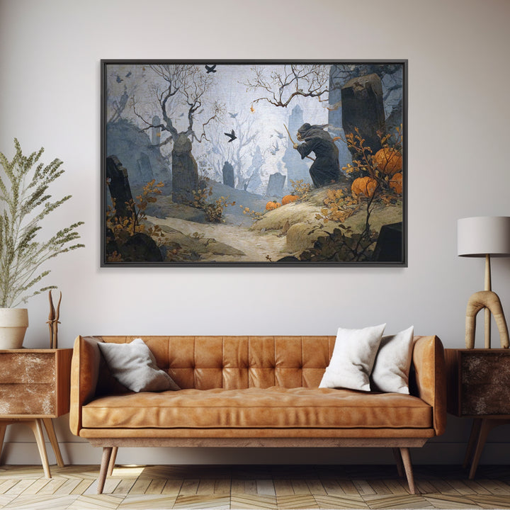 The Moonlit Cemetery, Medieval Grotesque Art, Landscape Wall Art, Macabre Wall Art, Framed Canvas Print, Halloween Wall Art