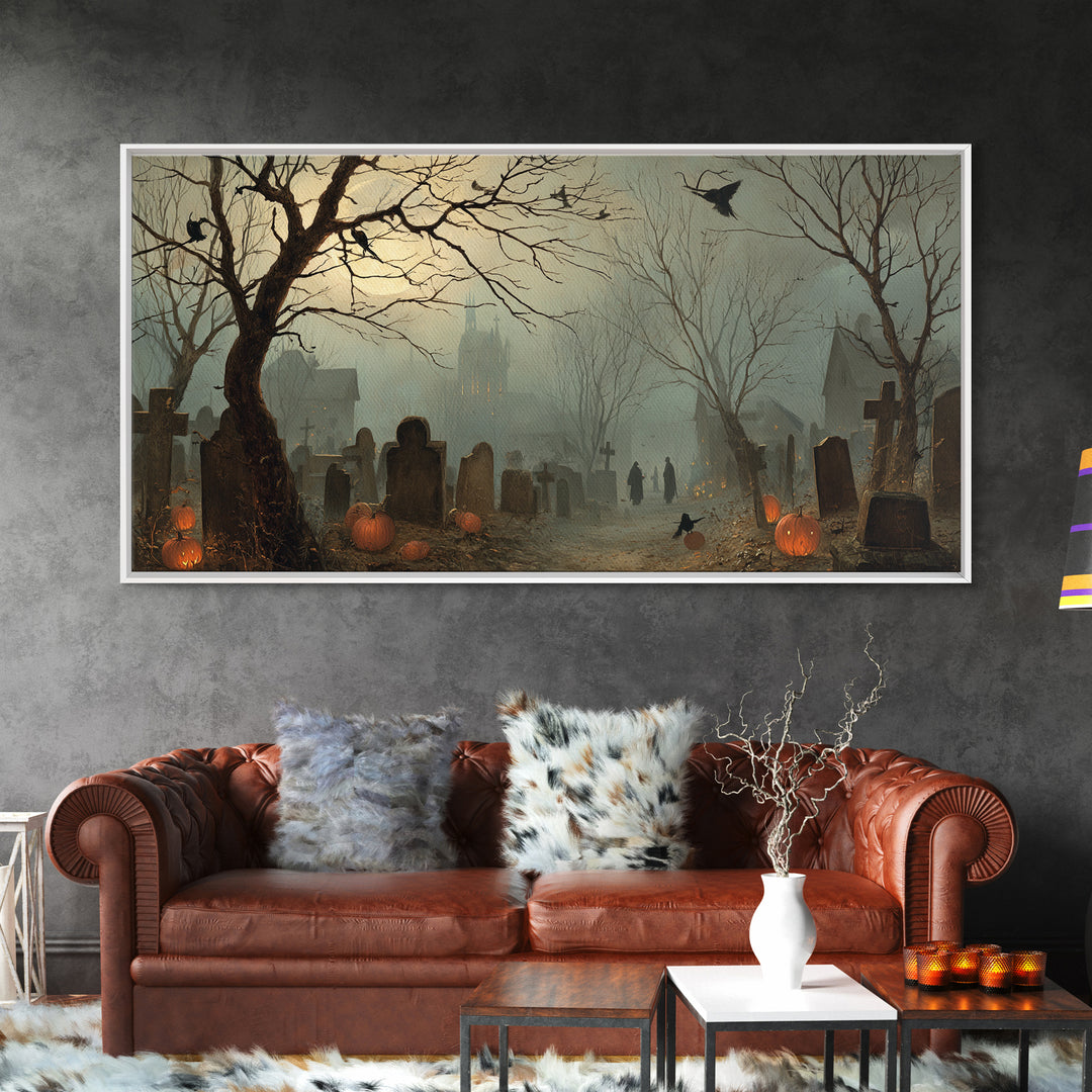The Moonlit Cemetery, Northern Renaissance Horror, Wide Panoramic Art, Gothic Horror Wall Art, Framed Canvas Print
